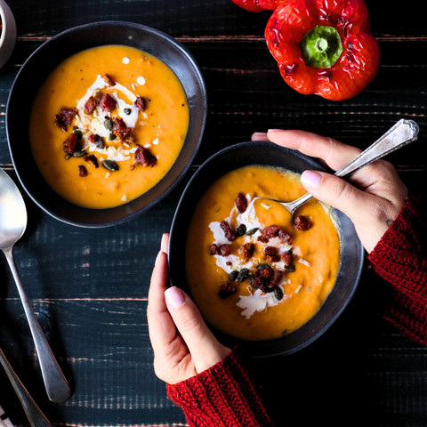 Butternut & Red Bell Pepper Soup with Bacon Bits